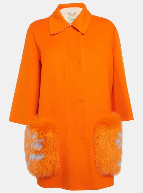 Fendi Orange Felt Fox Fur Detail Mid-Length Coat M