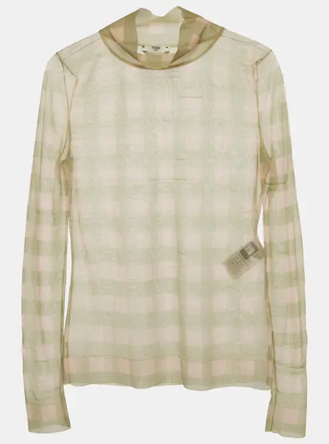 Fendi Pink/Green Check Lurex Knit Sheer Turtleneck Top S