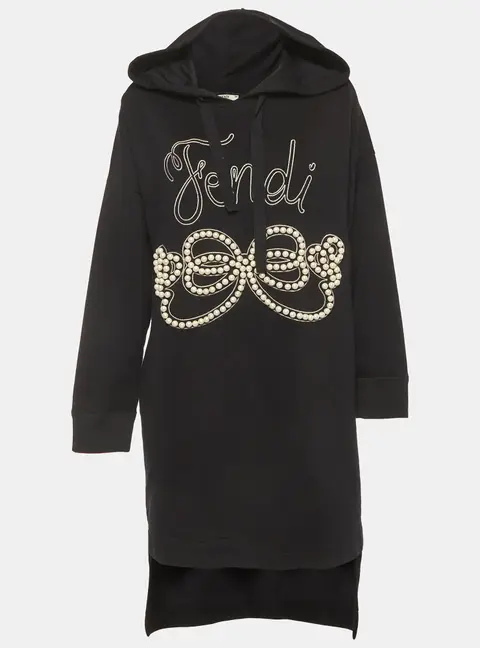 Fendi Black Pearl Embroidered Cotton Hooded Dress M
