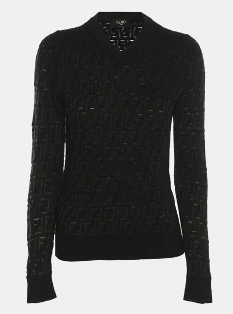 Fendi Black FF Wool Blend V Neck Sweater XL