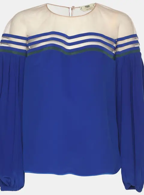 Fendi Blue Silk Tulle Illusion Long Sleeve Blouse S