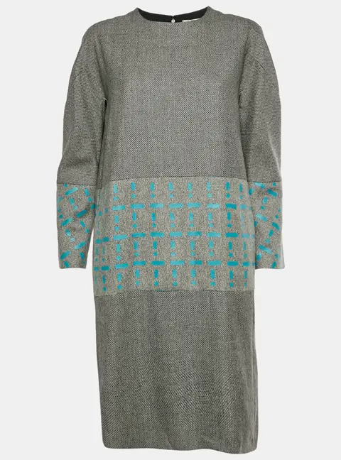 Fendi Grey Abstract Print Wool Jacquard Long Sleeve Shift Dress M