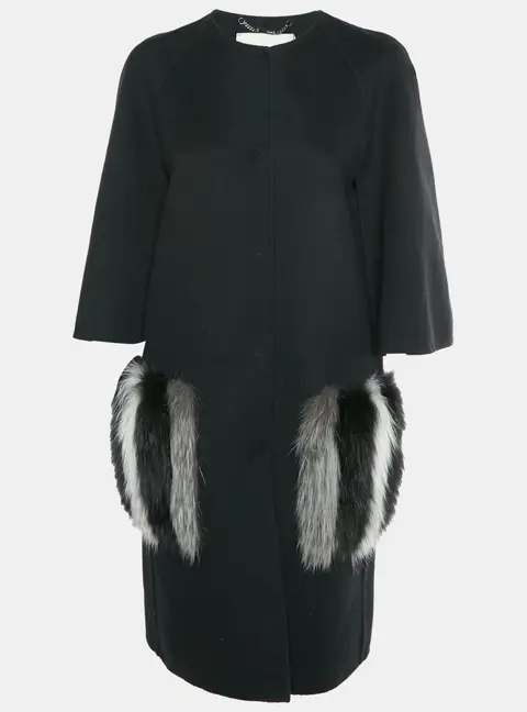 Fendi Black Wool Fox Fur Trim Cape Sleeve Single Breasted Coat M