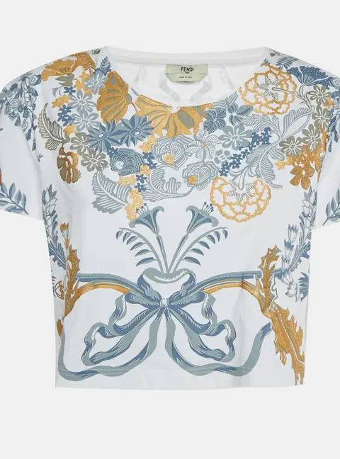 Fendi White Floral Appliqu&eacute; Print Cotton Knit Crop Top L