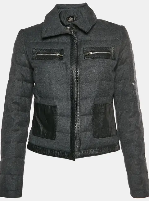 Fendi Grey Wool Blend and Leather Trim Quilted Down Jacket S