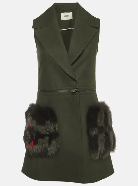 Fendi Green Wool Blend Fox Fur Trim Detachable Vest Coat S