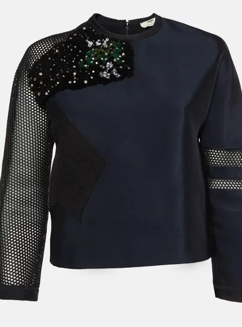 Fendi Navy Blue Gabardine N Mesh Patchwork Top S