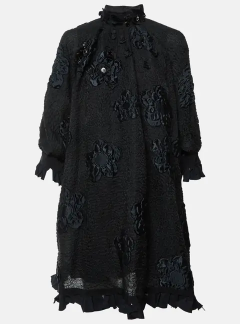 Fendi Black Floral Appliqu&eacute; Textured Wool Blend Mini Dress S
