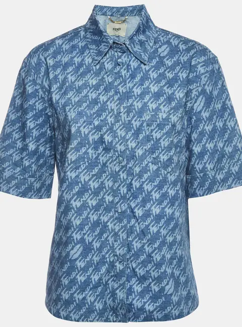 Fendi Blue Logo Print Chambray Short Sleeved Shirt M