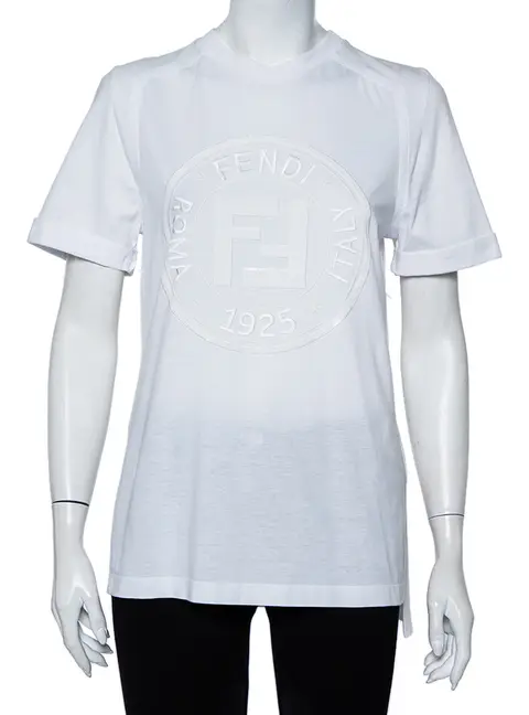 Fendi White Sequin Embellished Logo Embroidered Cotton Fringed Detail T shirt XXS