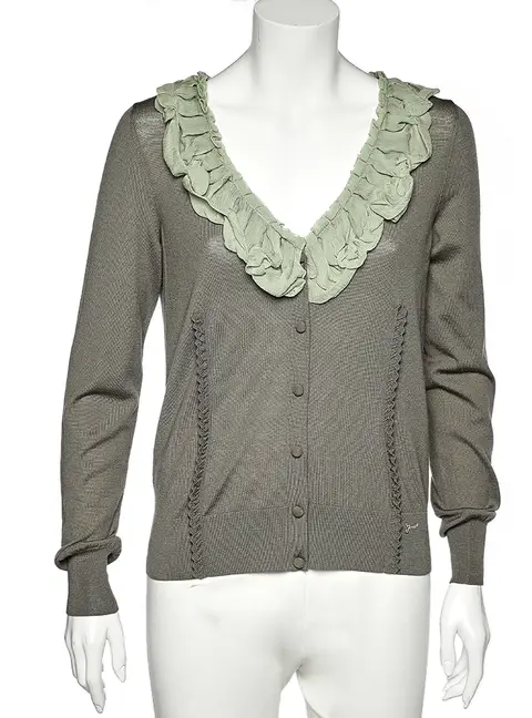 Fendi Green Wool & Silk Ruffle Neck Cardigan L