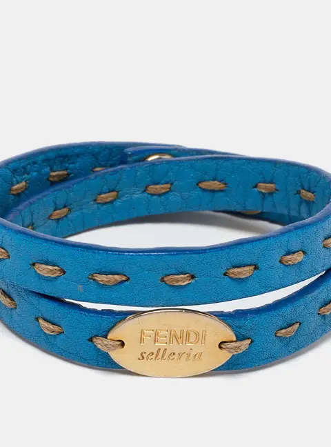 Fendi Selleria Blue Leather Double Wrap Bracelet
