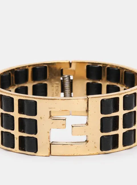 Fendi FF Gold Tone Metal and Black Leather Detail Cuff Bracelet