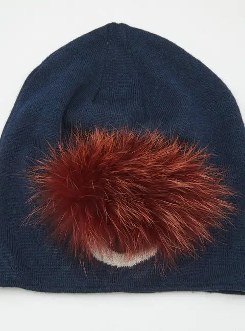 Fendi Blue Fur Trim Wool Knit Beanie
