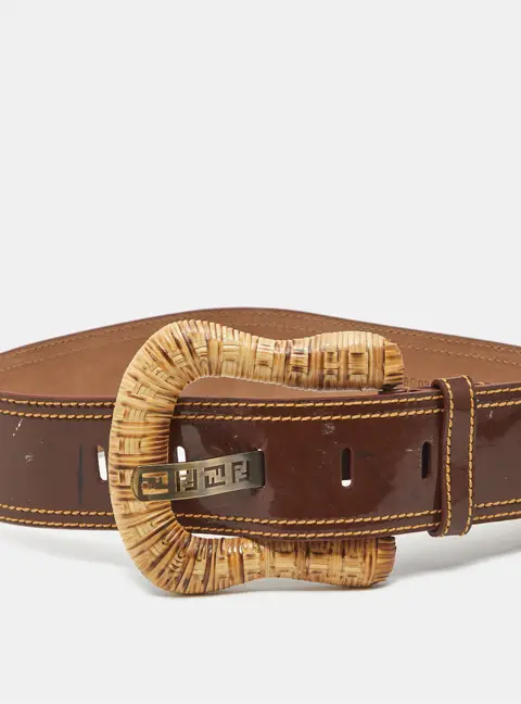 Fendi 70CM Wide B Buckle Belt Brown/Beige Patent Leather and Raffia