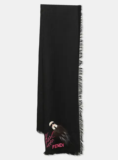 Fendi Black Wool/Silk and Silver Fox Fur Karl Love Fendi Scarf