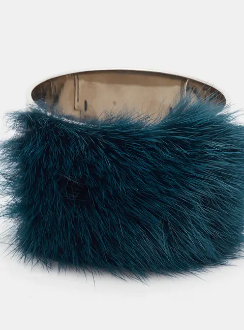 Fendi Blue Fur Silver Tone Hinged Cuff Bracelet