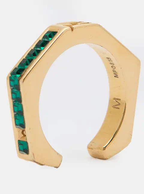 Fendi Gold Tone & Green Crystal Studded Baguette Ring Size 54