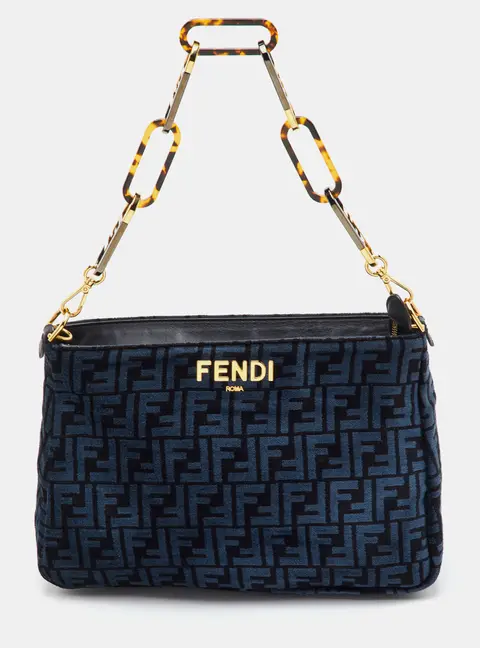 Fendi O'Lock Navy Blue/Black Zucca Tapestry Fabric Shoulder Bag