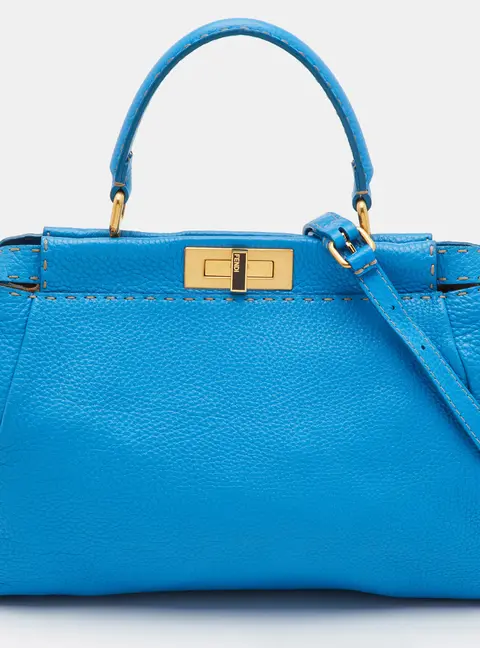 Fendi Peekaboo Selleria Medium Blue Leather Top Handle Bag