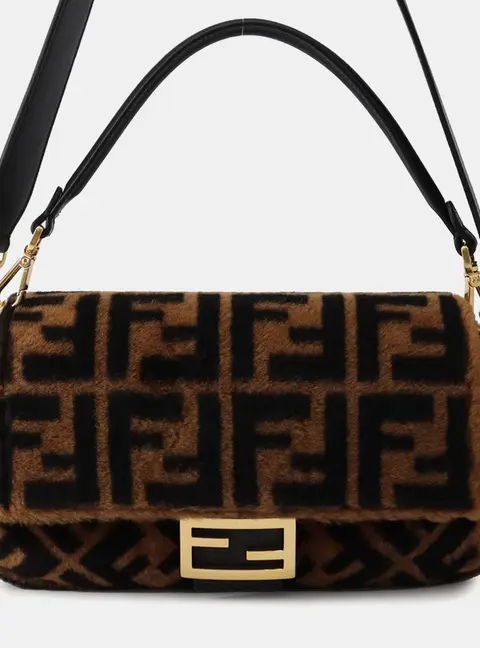 Fendi Baguette Brown Black Shearling Fur Shoulder Bag