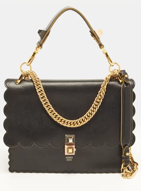 Fendi Scalloped Kan I Medium Black Leather Shoulder Bag