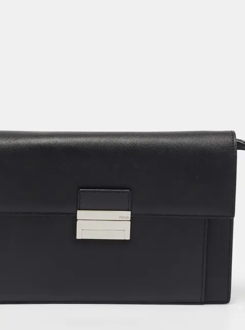 Fendi Push Lock Black Leather Wristlet Clutch