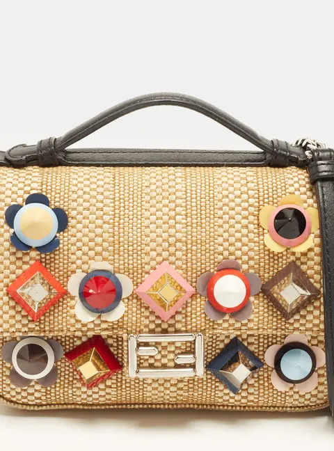 Fendi Studded Double Baguette Micro Black/ Beige Raffia and Leather Shoulder Bag