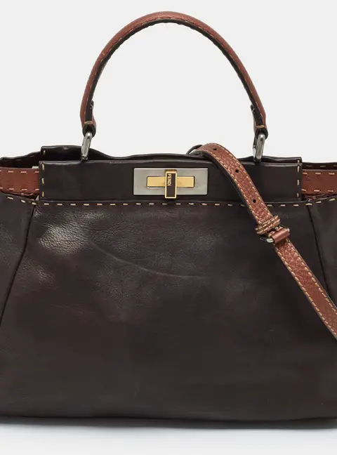 Fendi Peekaboo Selleria Medium Dark Brown Leather Top Handle Bag