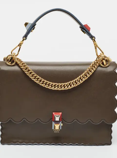 Fendi Kan I Medium Brown Scalloped Leather Shoulder Bag