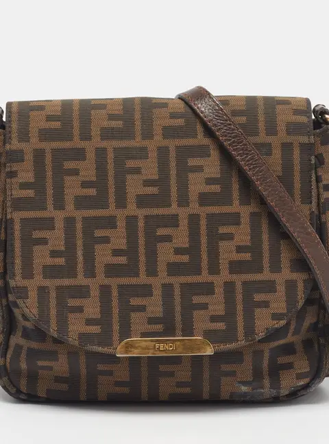Fendi Metal Flap Tobacco Zucca Canvas and Leather Crossbody Bag