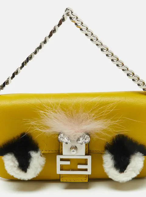 Fendi Yellow Leather and Fur Micro Monster Baguette Bag