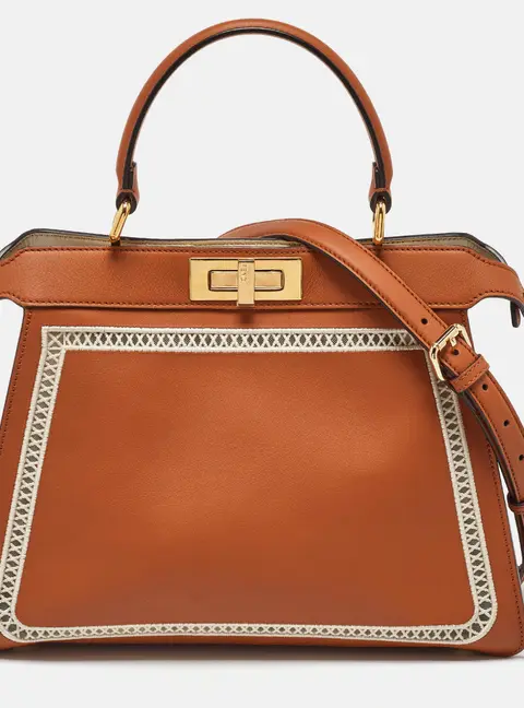 Fendi Brown Leather Embroidered Medium Peekaboo Iseeu Top Handle Bag