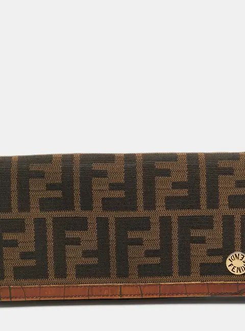 Fendi Tobacco Zucca Canvas and Croc Embossed Leather Flap Continental Wallet