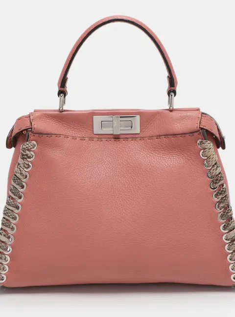 Fendi Whipstitch Peekaboo Regular Old Rose Leather Top Handle Bag