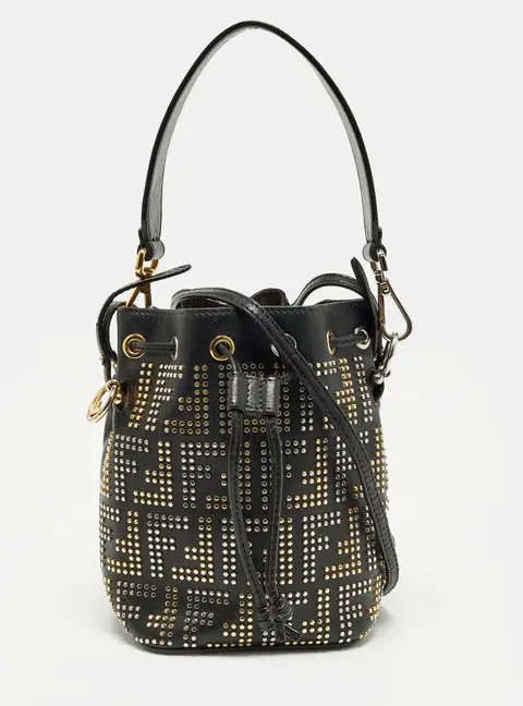 Fendi FF Studded Mon Tresor Mini Black Leather Bucket Bag