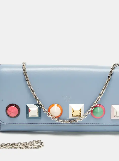 Fendi Studded Light Blue Leather Wallet On Chain