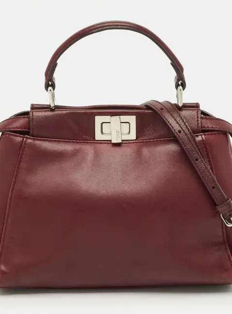 Fendi Peekaboo Mini Burgundy Leather Top Handle Bag