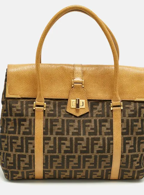 Fendi Linda Large Tobacco/Tan Zucca Canvas and Textured Leather Satchel