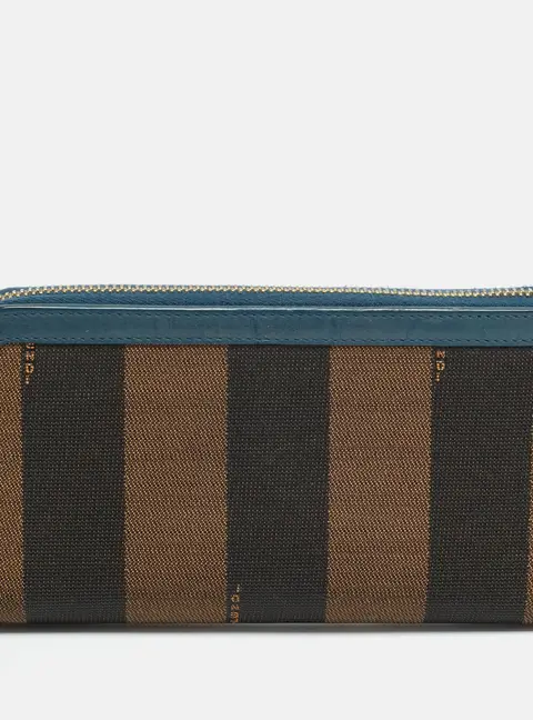 Fendi Blue/Tobacco Pequin Canvas Zip Around Wallet