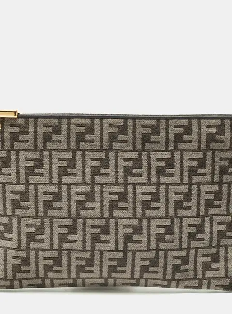 Fendi Logo Zip Grey/Black Zucca Velvet Flat Wristlet Clutch