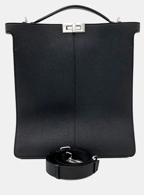 Fendi Peekaboo I See U Small Black Grained Leather Satchel Bag