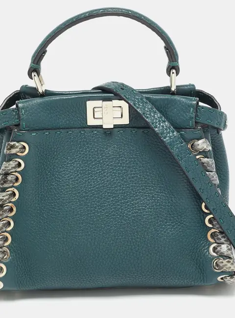 Fendi Whipstitch Peekaboo Small Dark Green Leather and Snakeskin Top Handle Bag