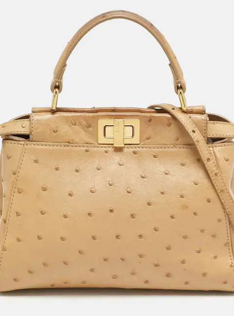 Fendi Peekaboo Mini Beige Ostrich Leather Top Handle Bag
