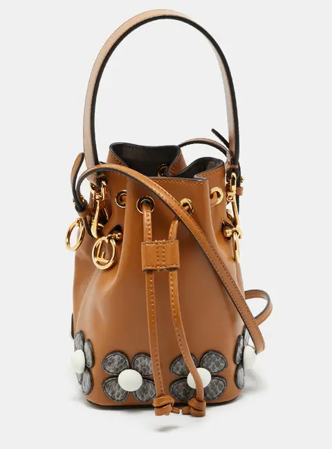 Fendi Floral Patch Mon Tresor Mini Brown Leather and Watersnake Bucket Bag