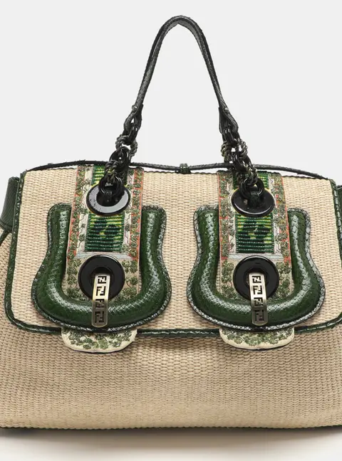 Fendi B Buckle Large Beige Raffia and Python Top Handle Bag