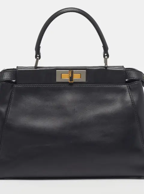 Fendi Peekaboo Regular Black Leather Top Handle Bag w/Peekaboo Defender Cover