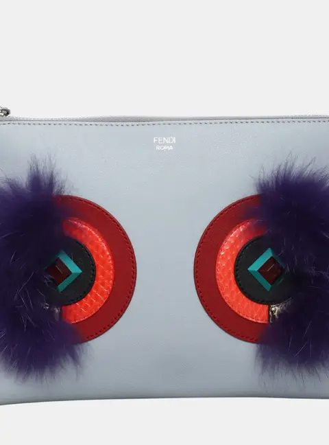 Fendi Monster Light Blue Leather Clutch Bag
