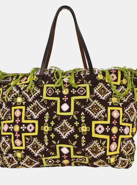 Fendi Beads Embroidered Brown Canvas Tote Bag