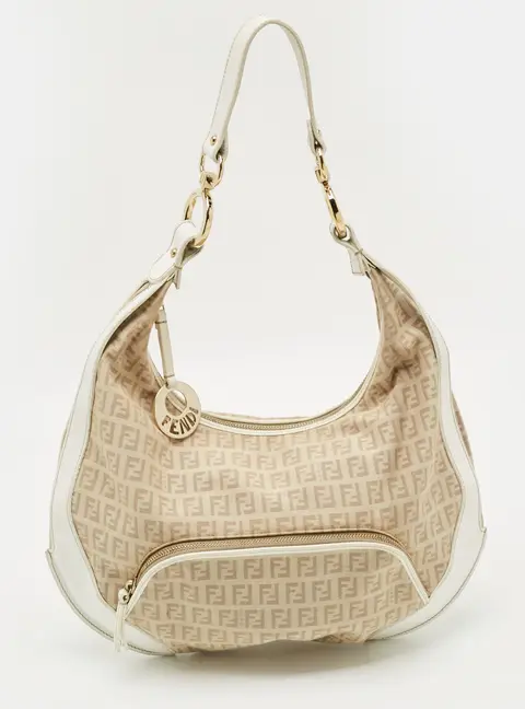 Fendi Pocket Chef Beige/White Zucchino Fabric and Leather Hobo